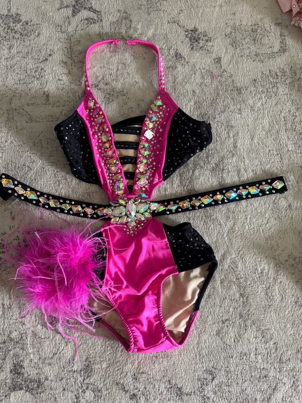 Girls Pink and Black Sequin Dance Costume with Feather Accent -CM